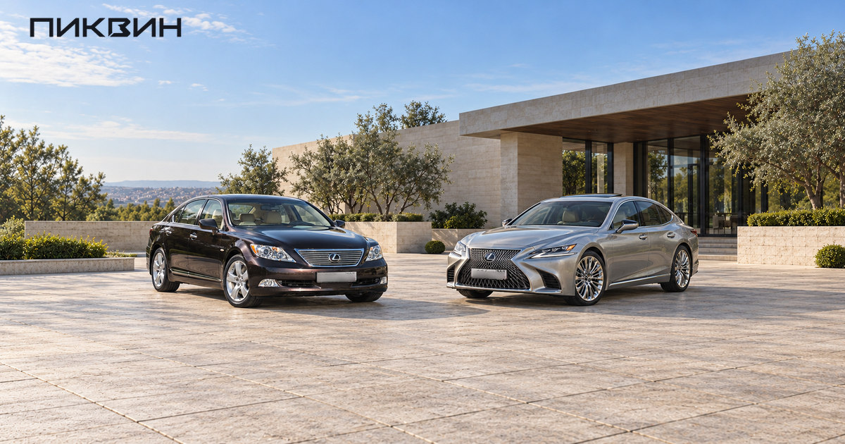 Тёмный Lexus LS четвёртого поколения и серебристый LS пятого поколения на просторной площадке.