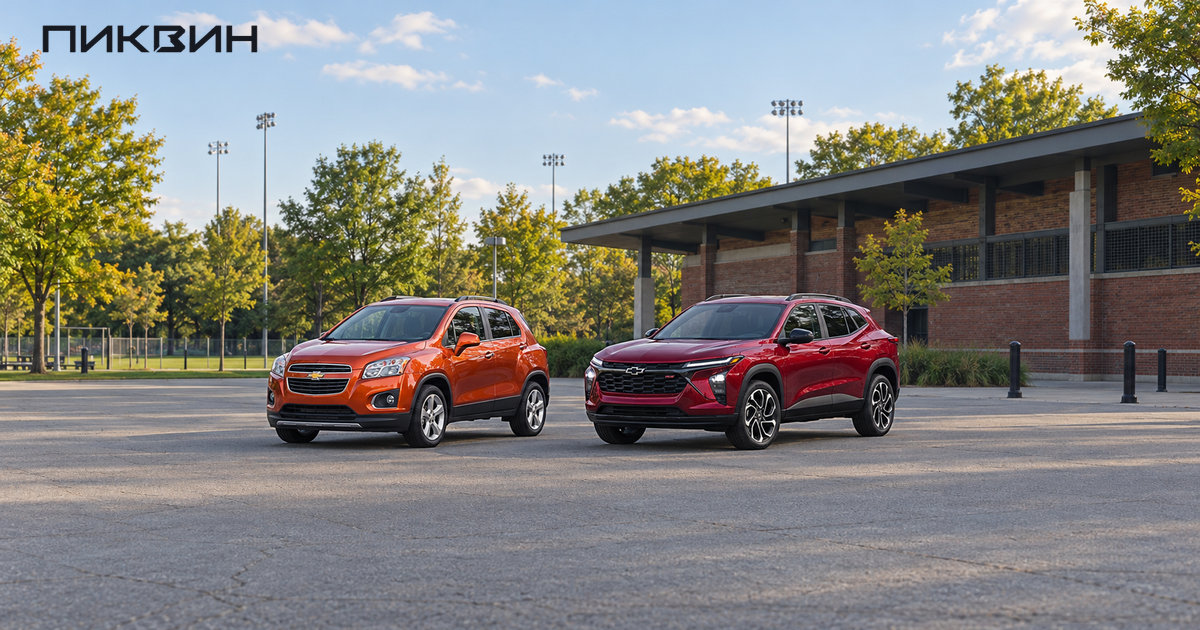 Оранжевый Chevrolet Trax 2015 и красный Trax 2024 рядом у городского парка.