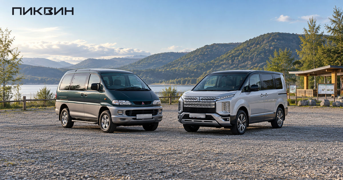 Двухцветная Delica Space Gear и серебристая Delica D:5 2019 рядом на ровной гравийной площадке.