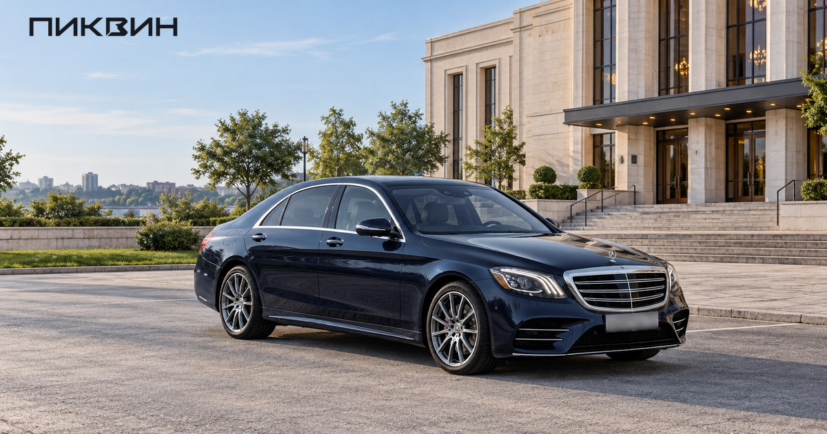 Тёмно-синий Mercedes-Benz S-Class W222 после обновления, вид спереди в три четверти.