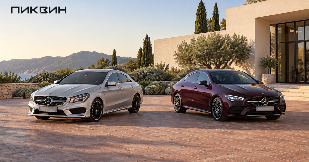 Mercedes-Benz CLA первого и второго поколений рядом на открытой площадке.