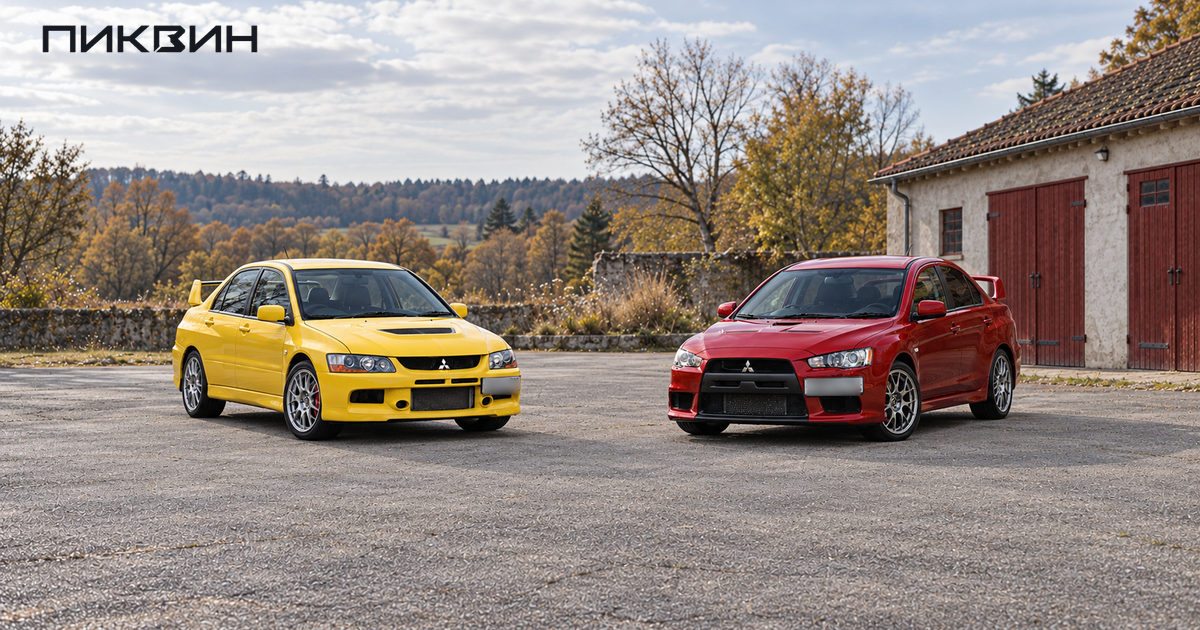 Жёлтый Mitsubishi Lancer Evolution IX и красный Evolution X рядом для сравнения поколений.