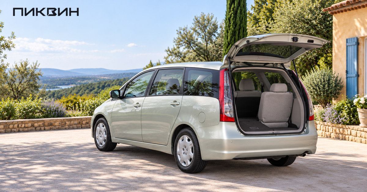 Mitsubishi Grandis с поднятой багажной дверью и частично сложенным третьим рядом.