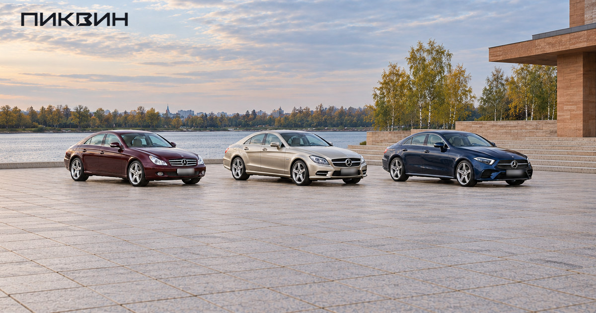 Mercedes-Benz CLS C219, C218 и C257 рядом для сравнения поколений.