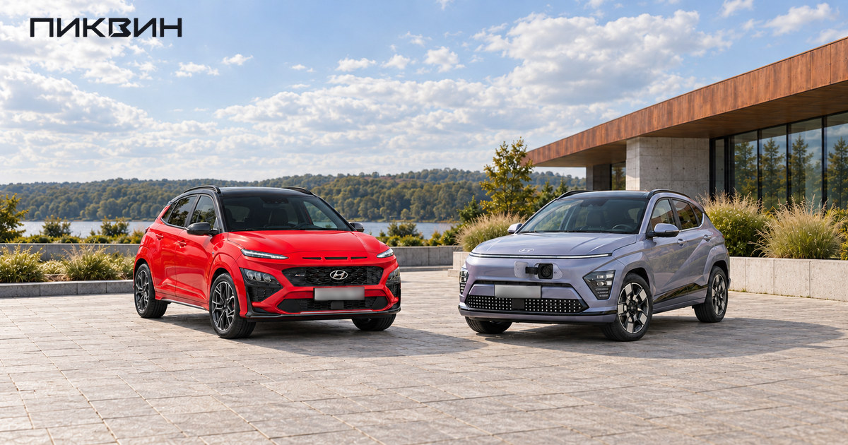 Hyundai Kona первого поколения N Line и Kona Electric второго поколения с открытым передним зарядным портом.