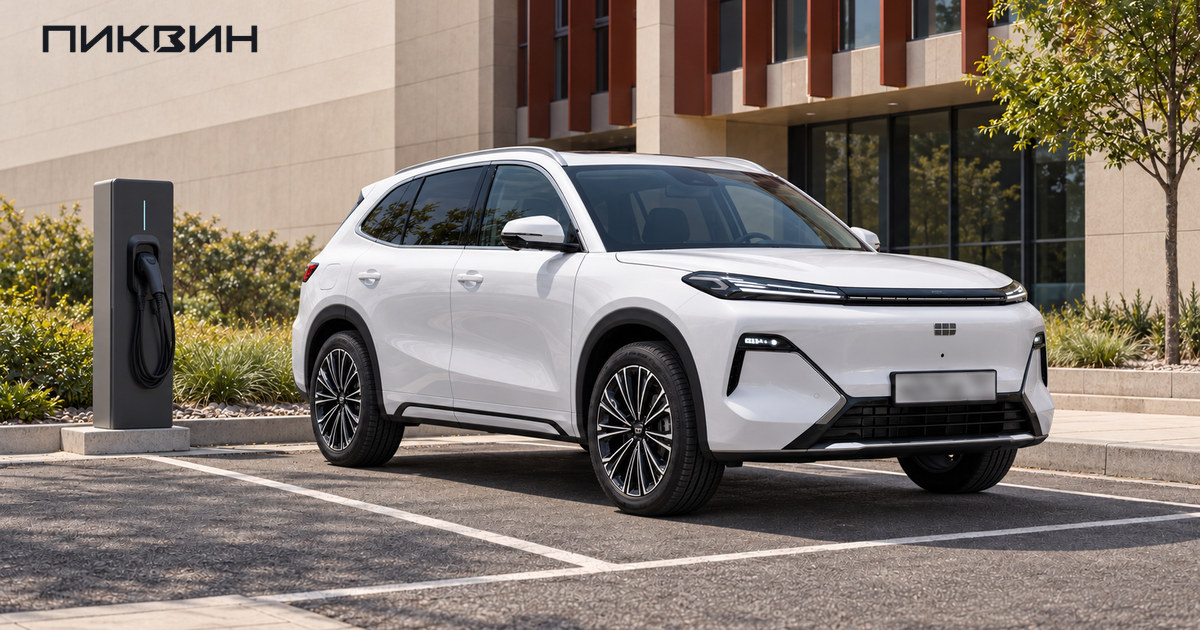 Geely EX5 EM-i у зарядной стойки с убранным кабелем.