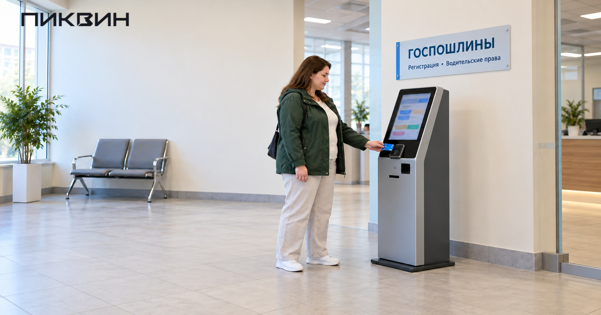 Посетительница оплачивает госпошлину банковской картой у терминала