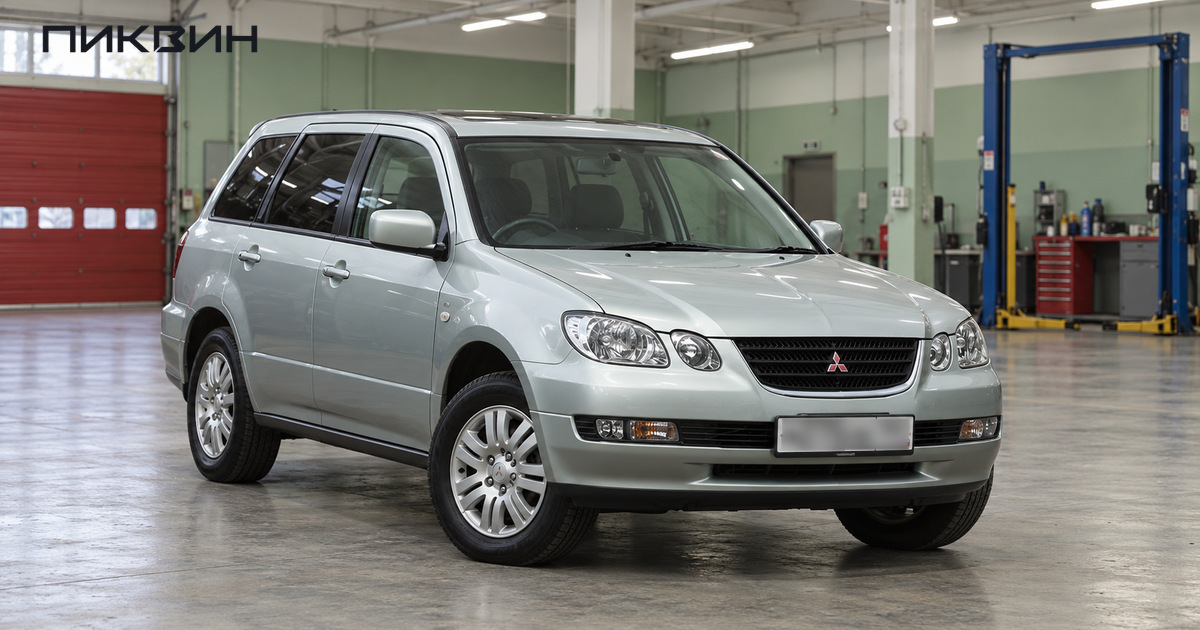 Японский бензиновый Mitsubishi Airtrek начала 2000-х перед осмотром на подъёмнике