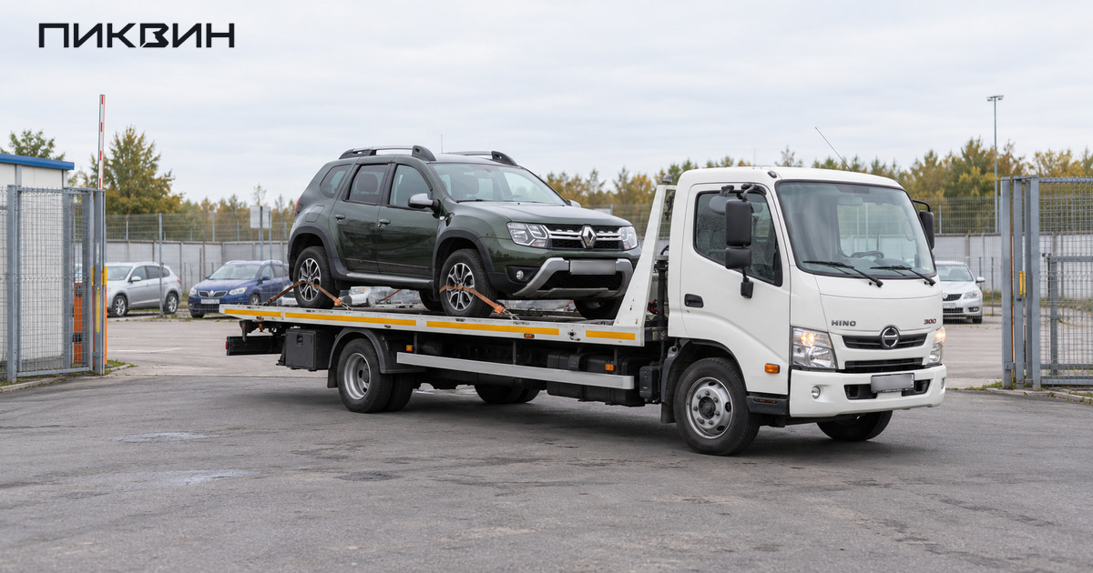 Подержанный Renault Duster закреплён на платформе эвакуатора у охраняемой стоянки