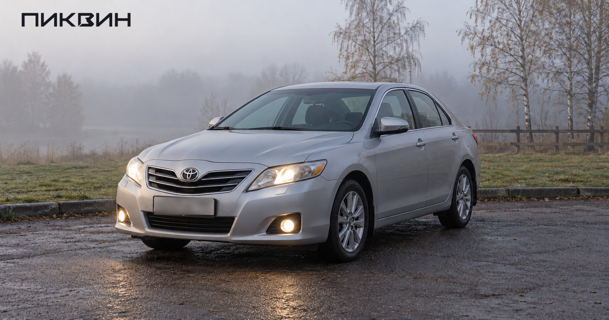 Toyota Camry со штатной эмблемой, ближним светом и передними противотуманными фарами в тумане
