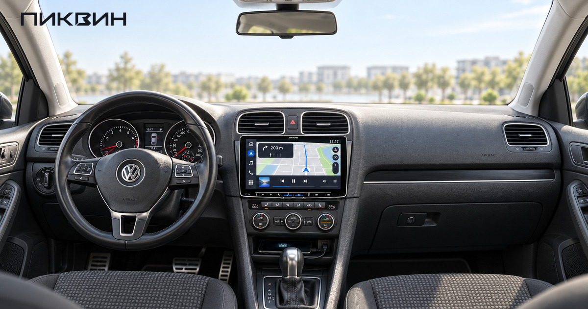 Включённая Alpine установлена в Volkswagen Golf VI, смартфон подключён USB-кабелем