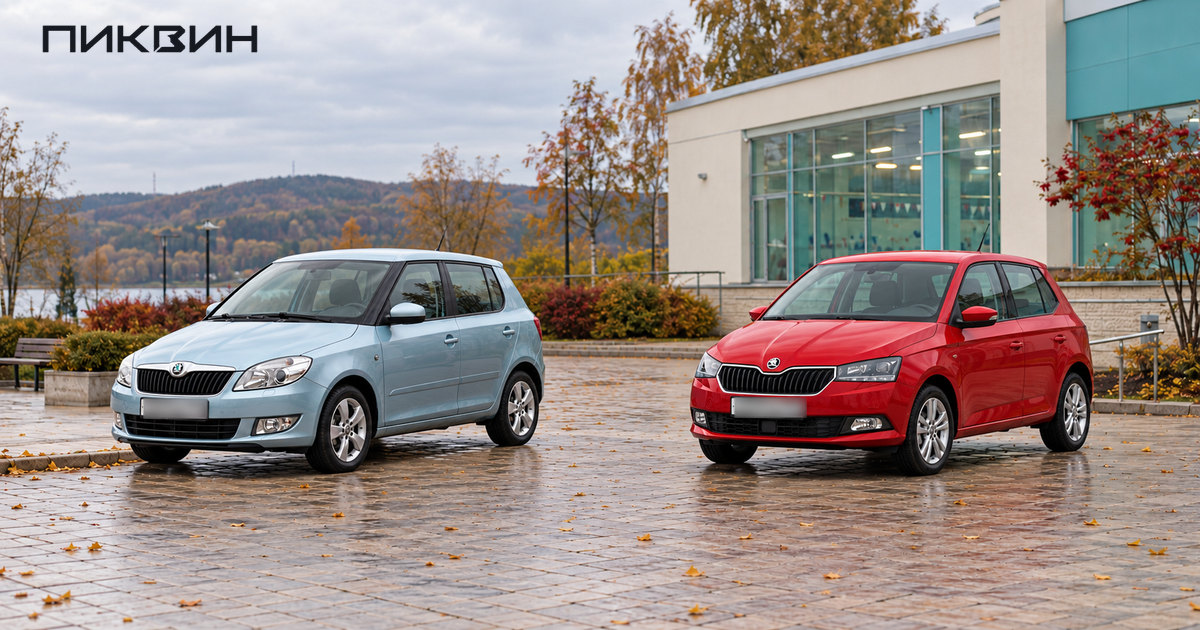 Skoda Fabia II после рестайлинга 2010 и Fabia III после рестайлинга 2018 рядом.