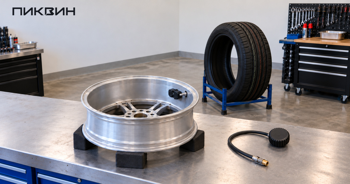 Внутренний датчик TPMS у вентиля снятого колёсного диска; рядом шина и манометр.