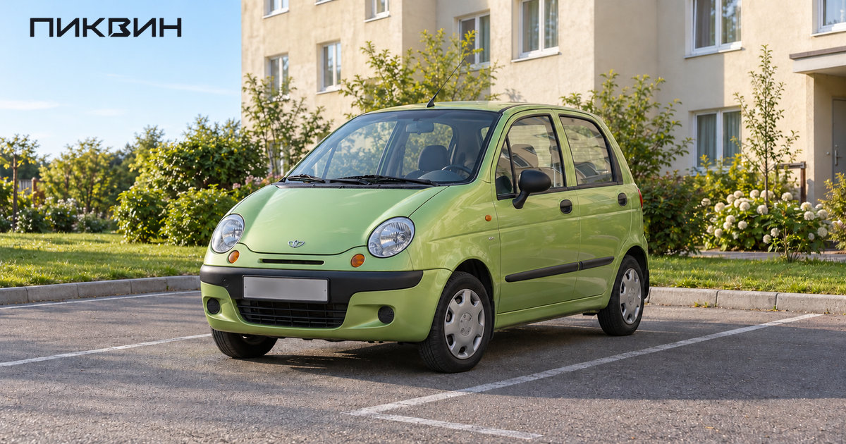 Зелёный пятидверный Daewoo Matiz M150 на городской парковке.