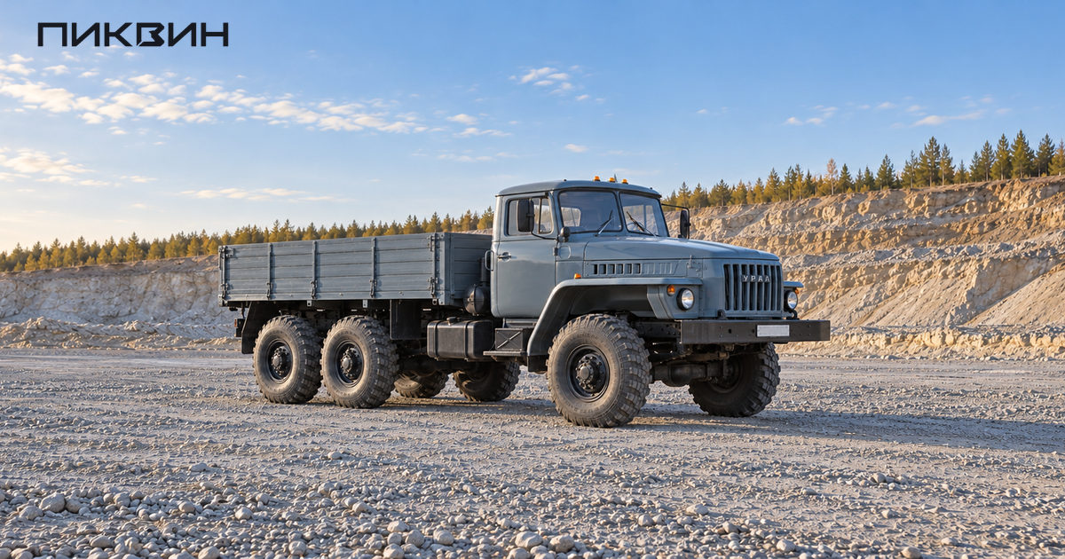 Трёхосный бортовой Урал-4320 с классической капотной кабиной и шестью односкатными колёсами.