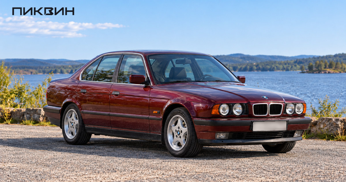 Бордовый BMW 525i E34 со штатной четырёхфарной передней частью на открытой площадке.