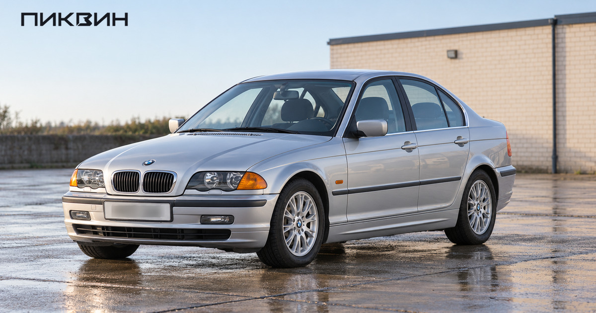 Серебристый дорестайлинговый BMW 320i E46 на площадке осмотра.