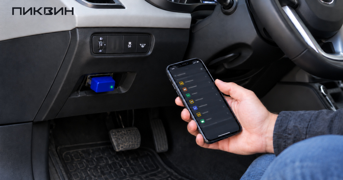 Компактный OBD2-адаптер в диагностическом разъёме и телефон в припаркованном автомобиле.