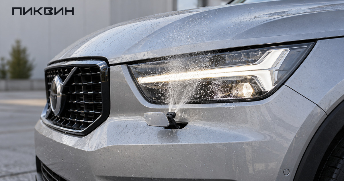 Выдвижная форсунка Volvo распыляет жидкость на наружную поверхность фары.