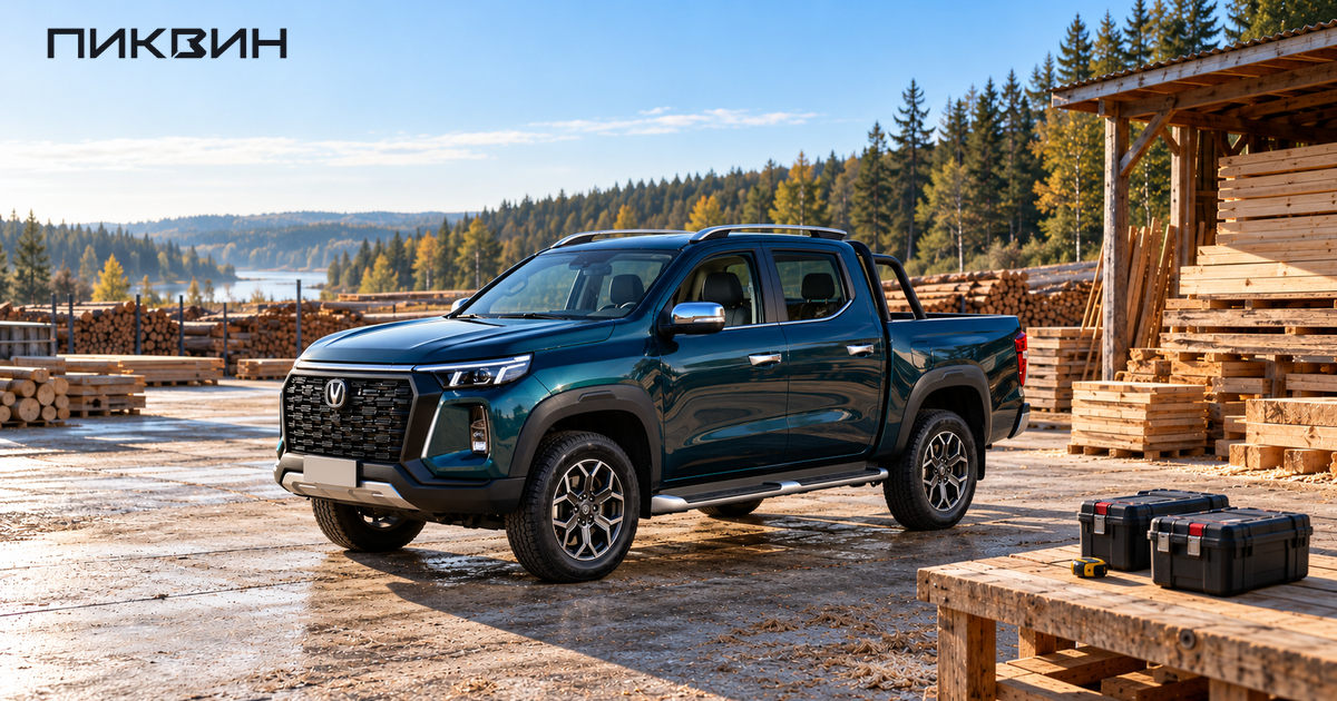 Changan Hunter Plus с двойной кабиной и открытой грузовой платформой рядом с инструментальными ящиками.