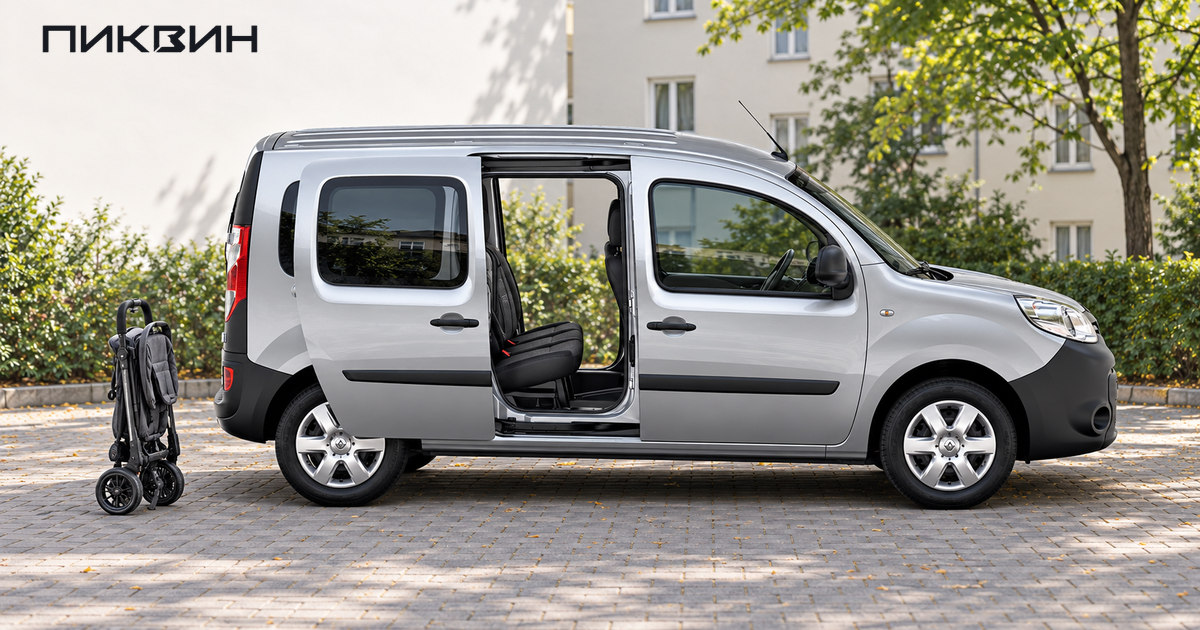 Пассажирский Kangoo II: открытая сдвижная дверь и сложенная коляска отдельно на площадке.