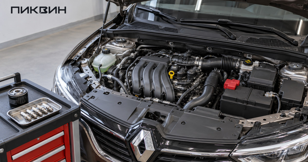 Атмосферный двигатель H4M в моторном отсеке Renault Arkana и расходники на отдельной тележке.