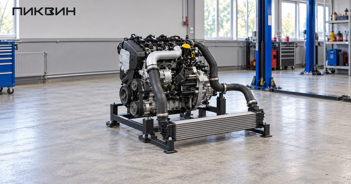 Дизель Renault K9K 1.5 dCi и интеркулер на сервисной опоре в мастерской.