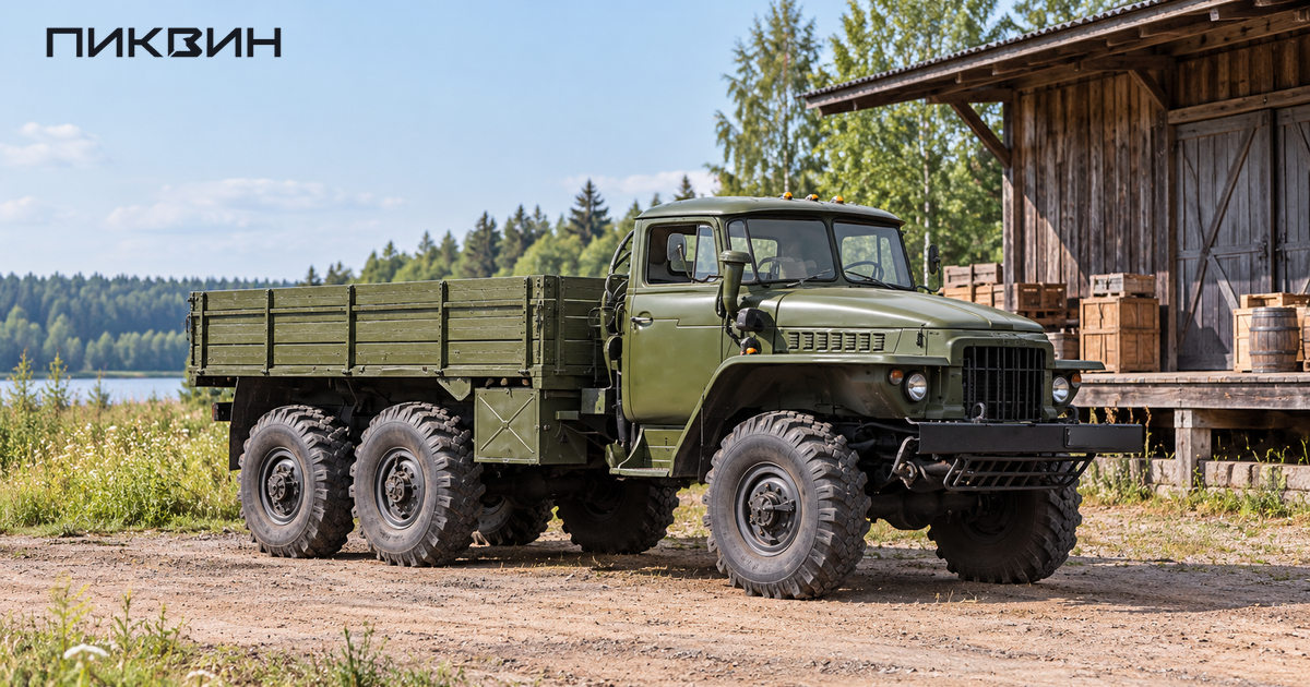 Оливковый трёхосный Урал-375Д с металлической кабиной и деревянной бортовой платформой у сельского склада.