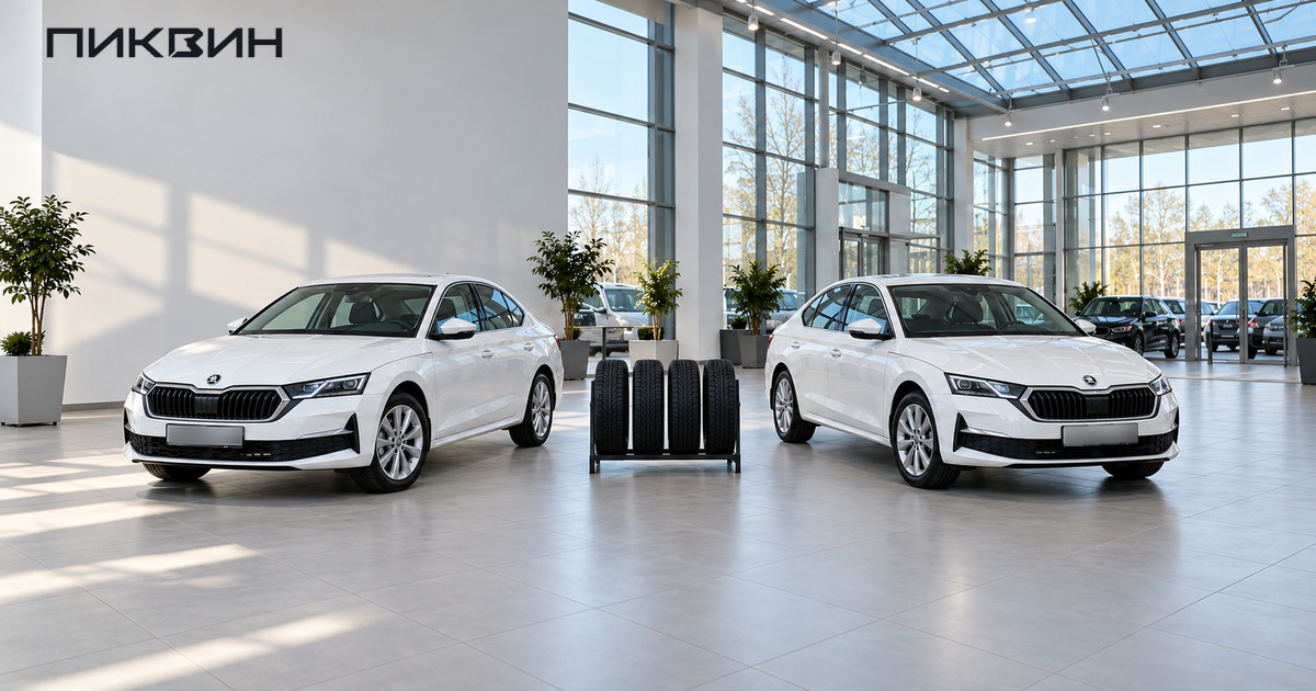 Две белые Skoda Octavia в автосалоне и комплект из четырёх шин между автомобилями.