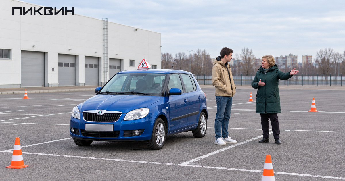 Ученик и инструктор обсуждают упражнение рядом с синим учебным Skoda Fabia и конусами.