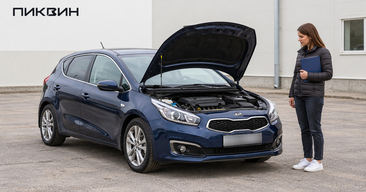 Владелица с закрытой папкой документов стоит рядом с Kia Ceed с открытым капотом.