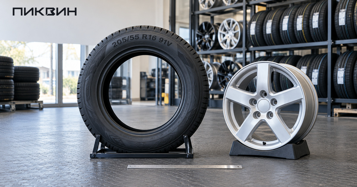 Шина с маркировкой 205/55 R16 91V рядом с отдельным серебристым колёсным диском в шинном центре.