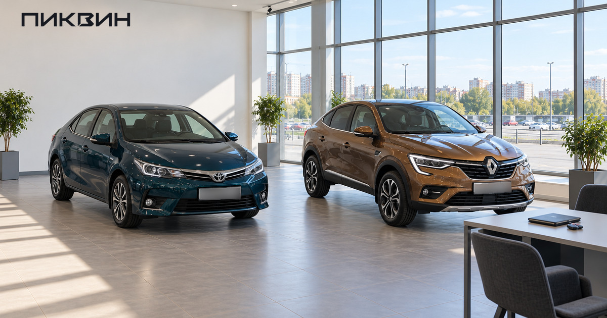 Toyota Corolla и Renault Arkana стоят в просторном автомобильном салоне, рядом стол с папкой и ключами.