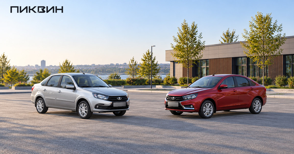 Серебристая Lada Granta седан и бордовая Lada Vesta седан стоят рядом на открытой площадке.