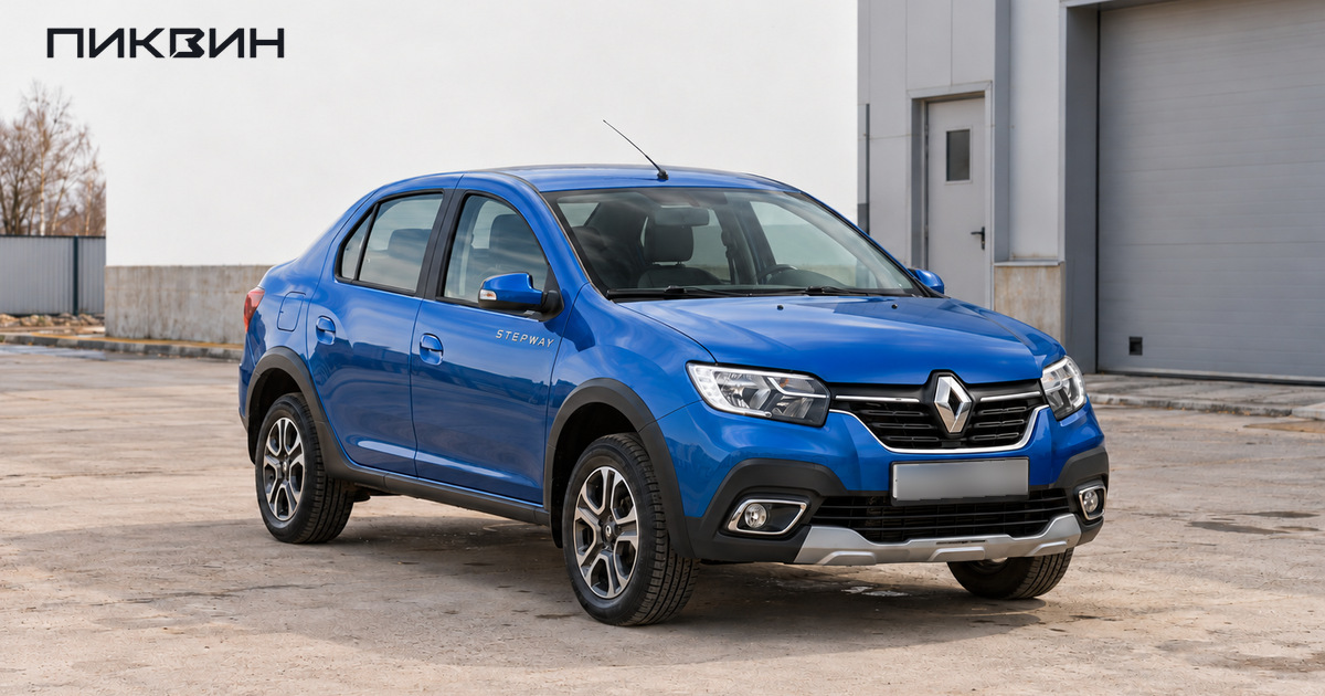 Синий Renault Logan Stepway седан стоит у нейтрального сервисного здания.