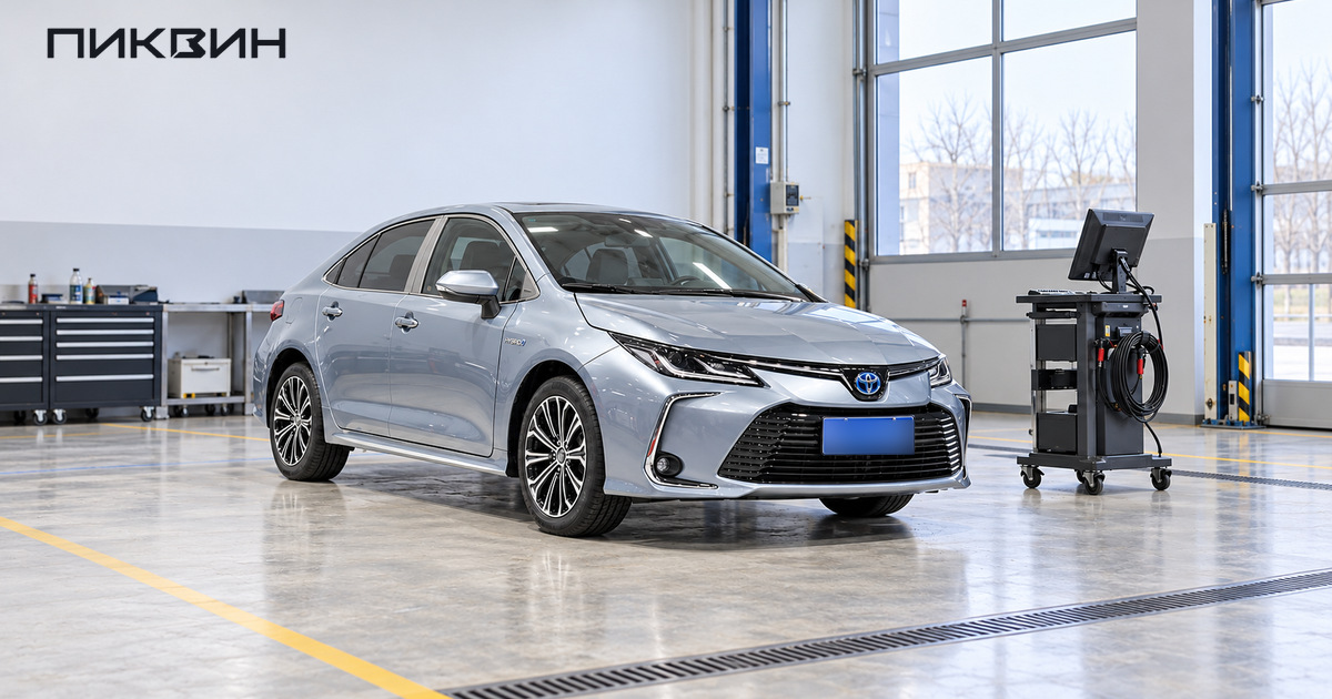 Серебристая Toyota Corolla Hybrid китайского исполнения в диагностическом боксе рядом с компьютерной тележкой.