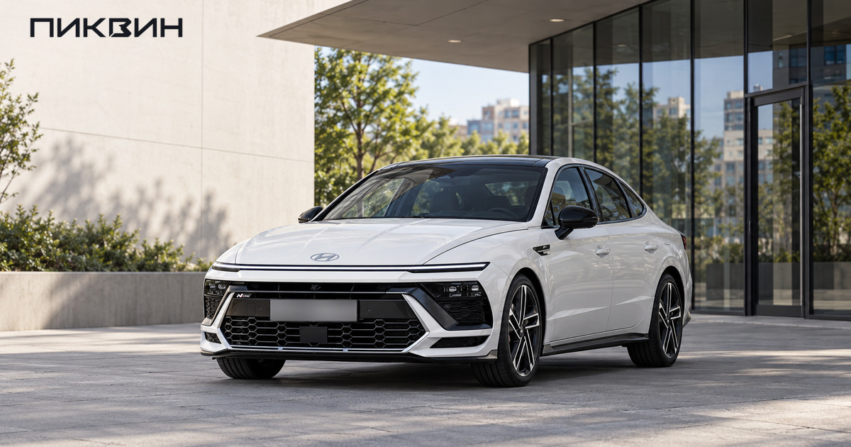 Белая Hyundai Sonata The Edge N Line с горизонтальной световой полосой стоит у городского здания.