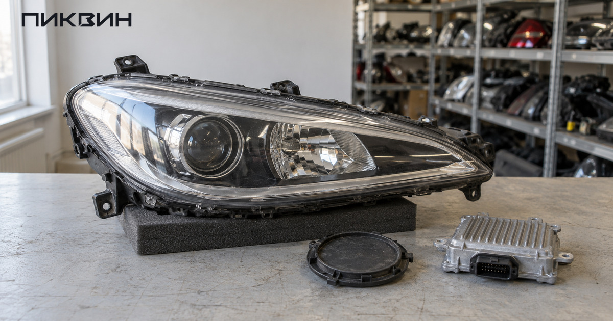 Снятая автомобильная фара на подставке, рядом отдельный электронный блок управления и круглая задняя крышка.