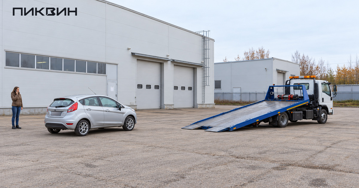 Серебристый Ford Fiesta ожидает перед пустой платформой эвакуатора, владелица звонит по телефону в стороне.
