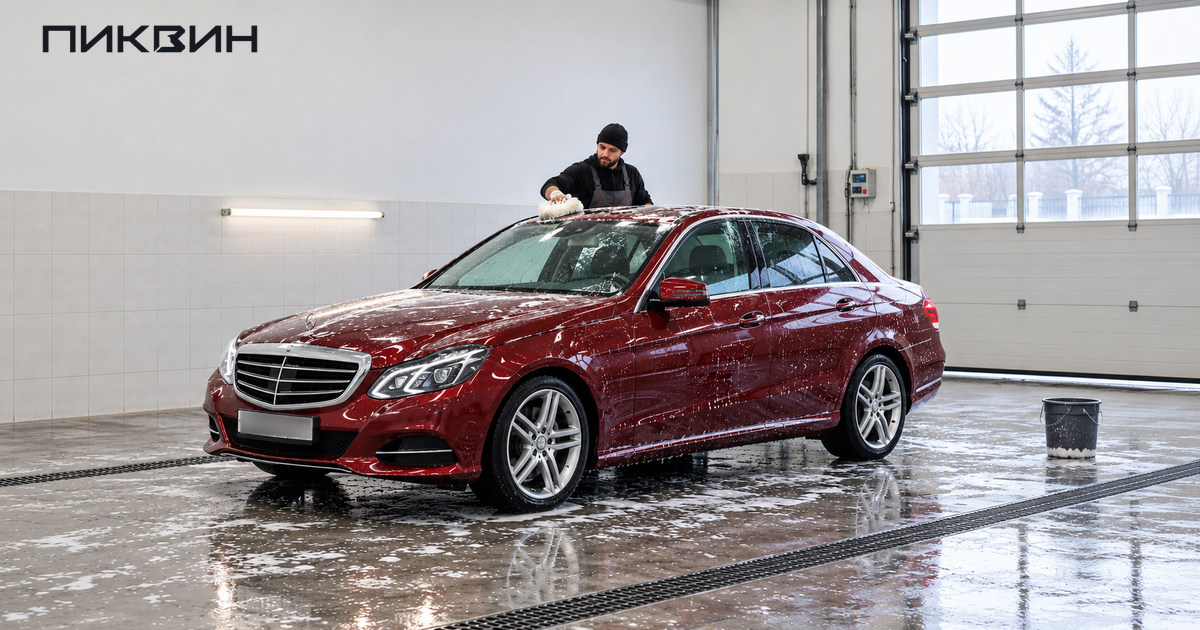 Работник моет крышу Mercedes мягкой варежкой в моечном боксе