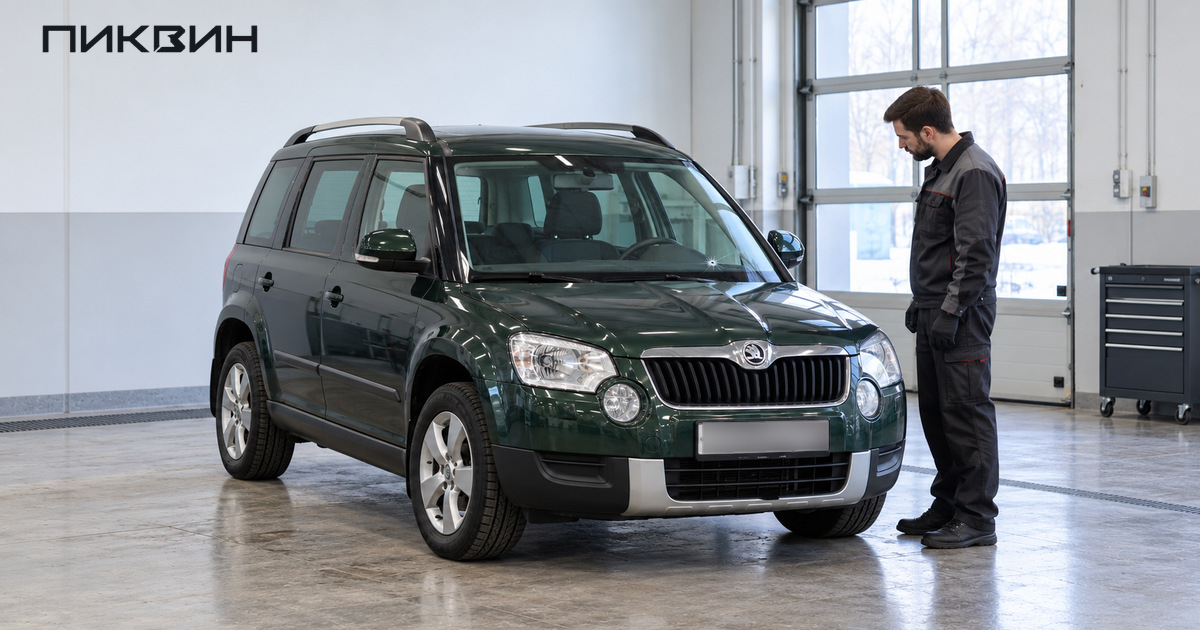 Мастер оценивает небольшой скол на установленном лобовом стекле Skoda Yeti