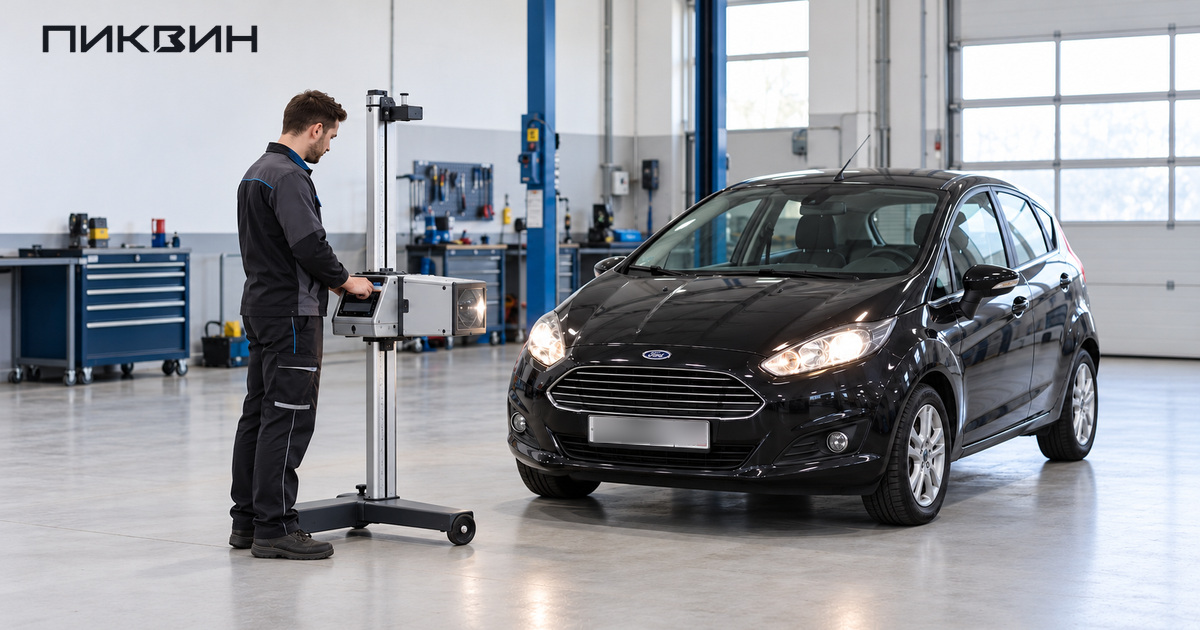 Ford Fiesta на линии проверки света с оптическим прибором перед фарой