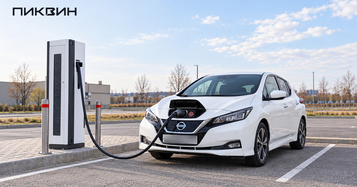 Nissan Leaf ZE1 подключён к общественной станции через передний порт CHAdeMO