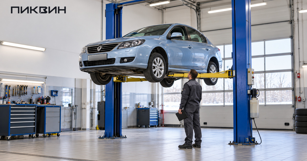 Специалист осматривает днище Renault на двухстоечном подъёмнике