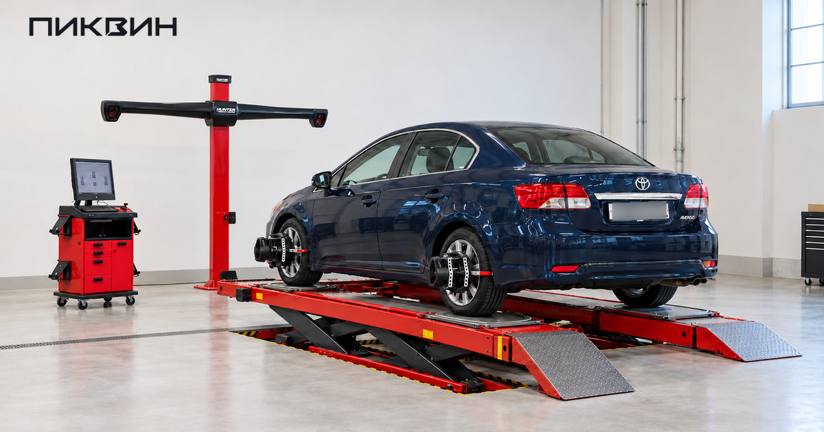 Toyota Avensis на стенде сход-развала с колёсными мишенями и камерной балкой