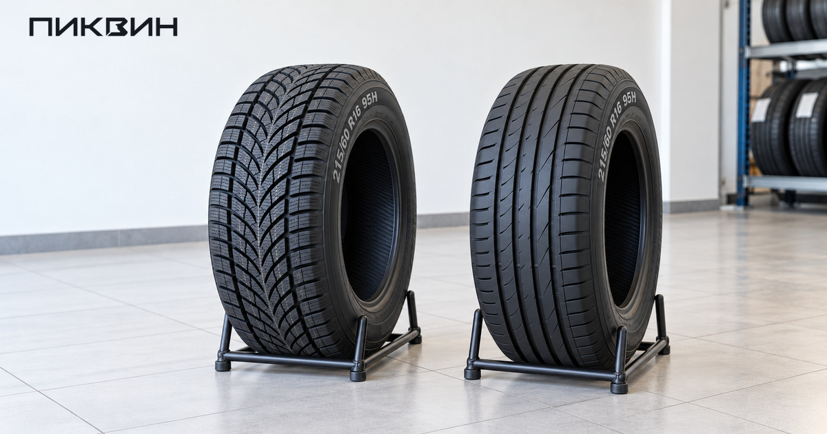Зимняя и летняя шины размера 215/60R16 с разным рисунком протектора на подставках