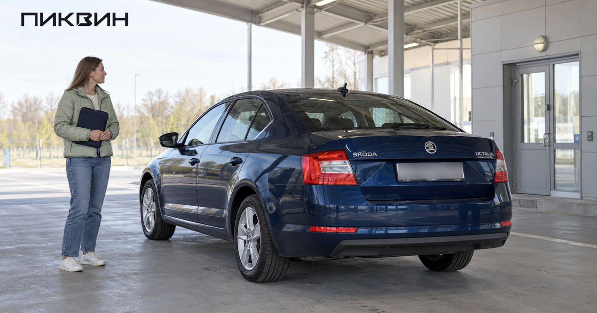Владелица с закрытой папкой возле Skoda Octavia перед регистрационным осмотром