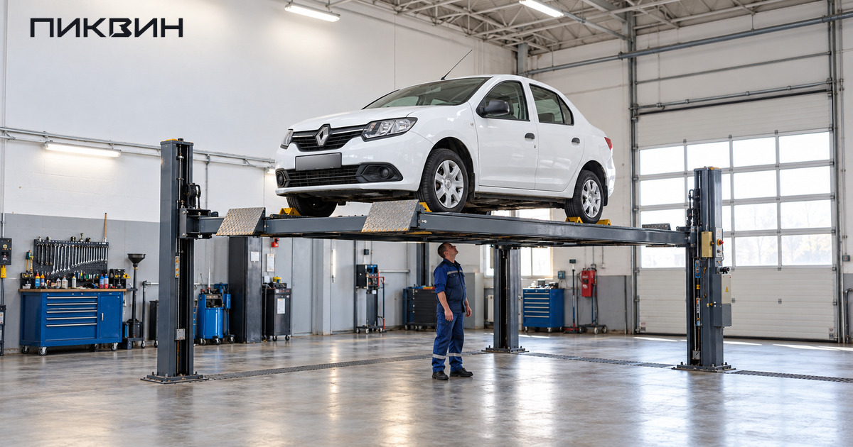 Renault Logan второго поколения на четырёхстоечном подъёмнике со специалистом снизу