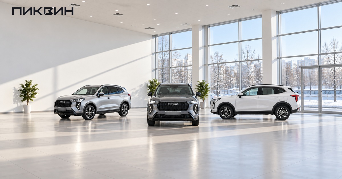 Три Haval Jolion 2026 разных цветов в выставочном зале