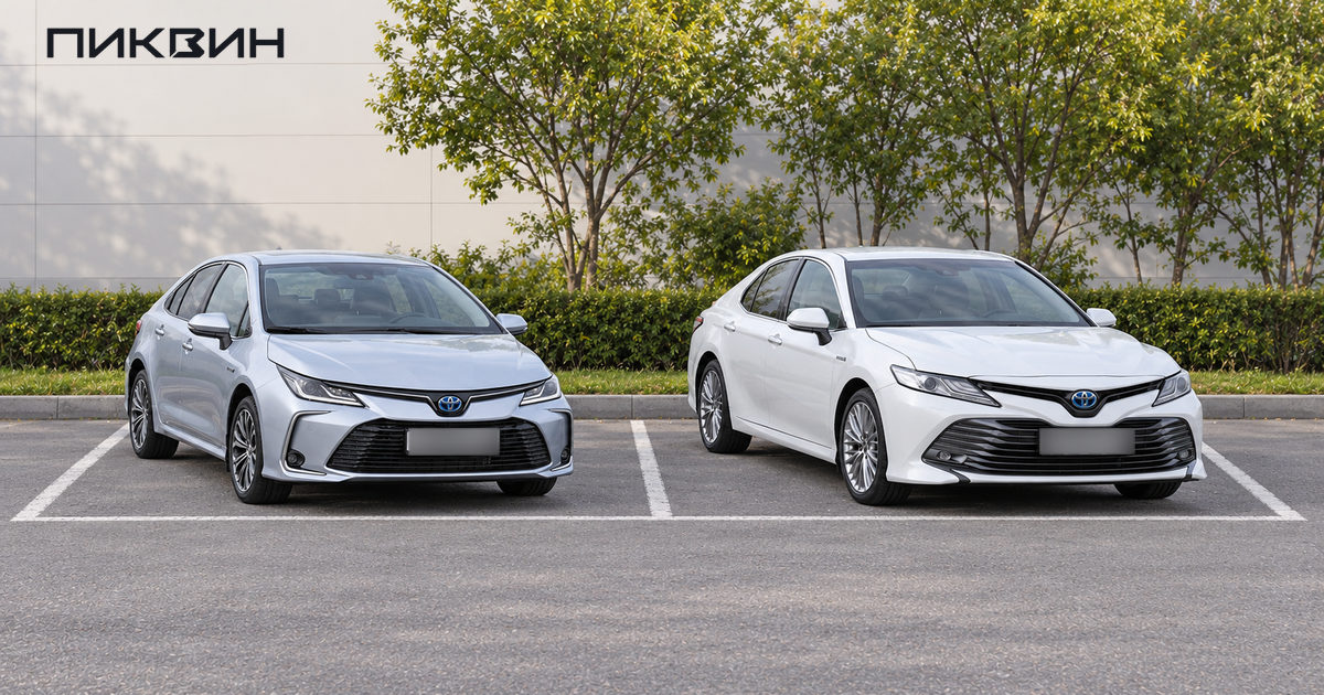Toyota Corolla E210 и более крупная Camry XV70 в отдельных парковочных местах